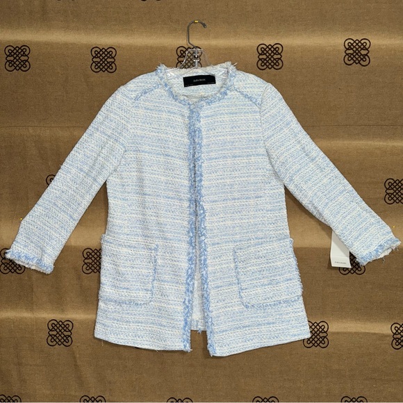Zara NWT! Blue Kate Middleton Style Tweed Jacket In Light Blue Size L - Picture 2 of 16